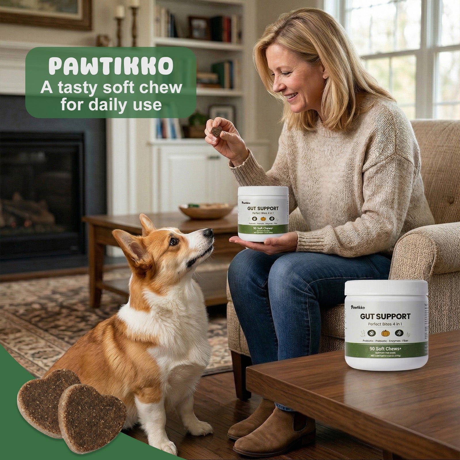 Pawtikko Gut Support Perfect Bites 4 in 1 for Dogs - Probiotic, Prebiotic, Enzymes & Fiber - 90 Soft Chews for Digestive Care, Gut Balance, Loose Stool Relief, Suitable for All Breeds & Sizes