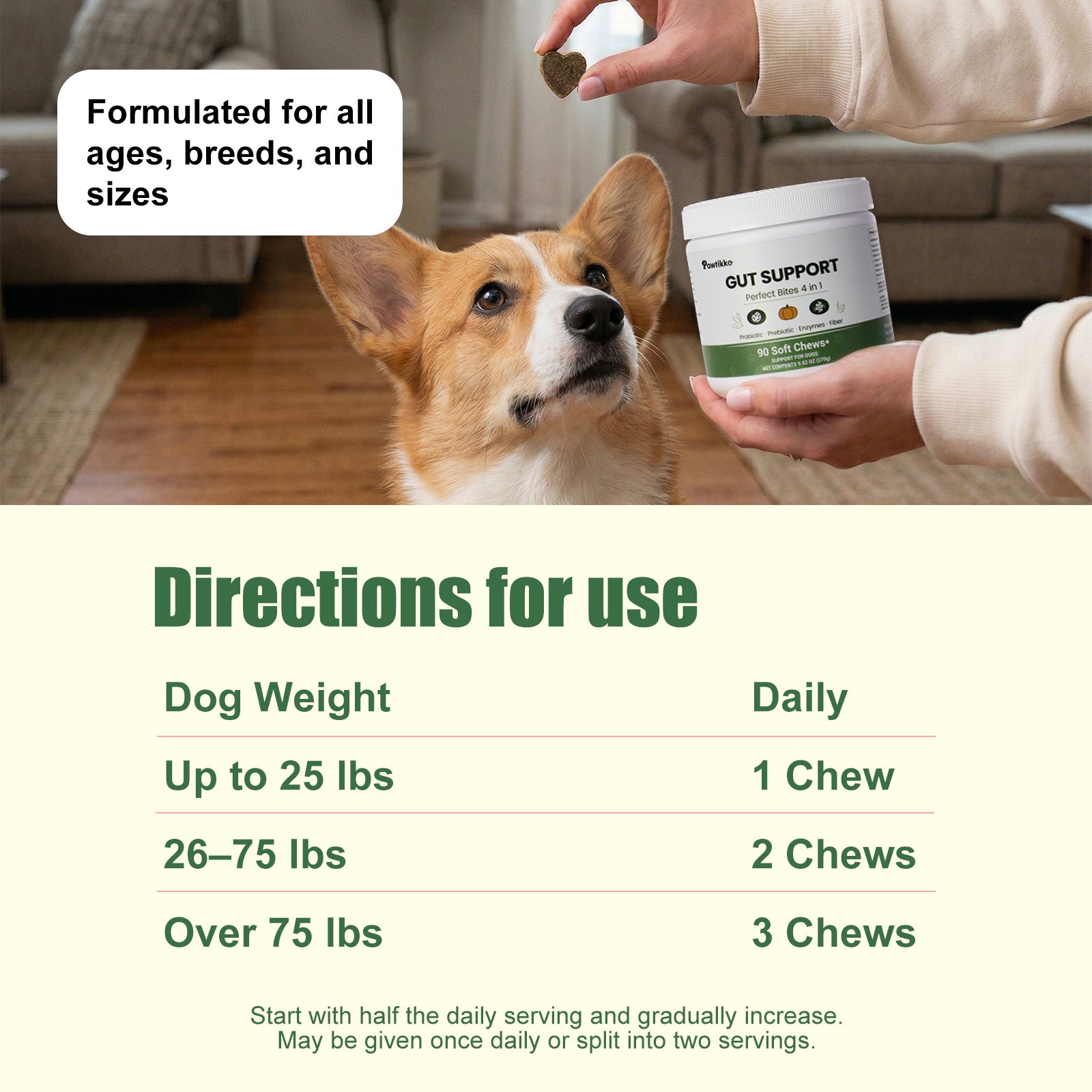 Pawtikko Gut Support Perfect Bites 4 in 1 for Dogs - Probiotic, Prebiotic, Enzymes & Fiber - 90 Soft Chews for Digestive Care, Gut Balance, Loose Stool Relief, Suitable for All Breeds & Sizes