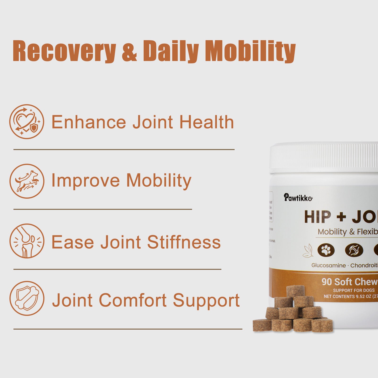 Pawtikko Hip + Joint Soft Chews for Large Dogs – 90 Count, Vet-Formulated with Glucosamine, Chondroitin & MSM, Supports Mobility, Flexibility & Joint Care, Grain-Free, Chicken-Flavored