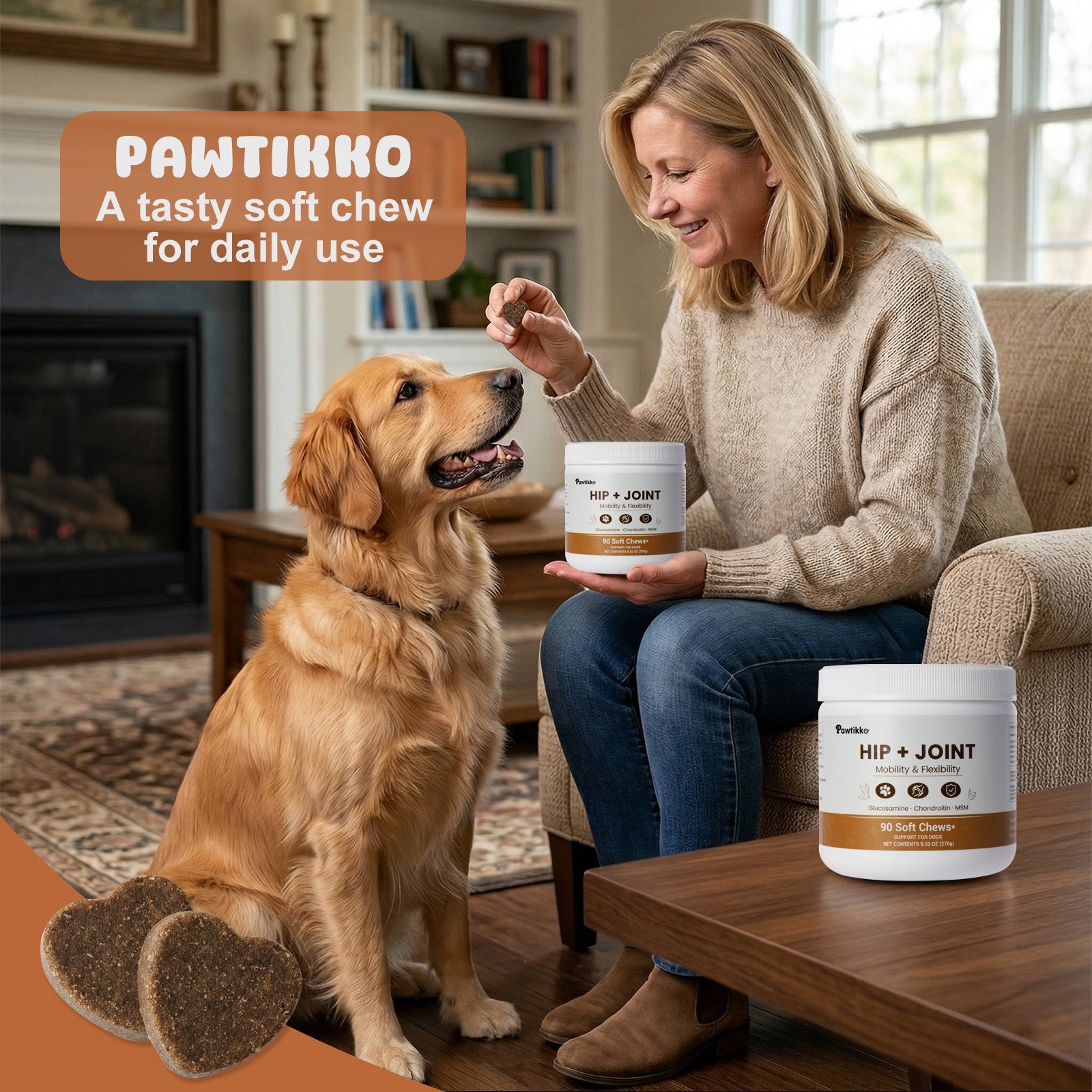 Pawtikko Hip + Joint Soft Chews for Large Dogs – 90 Count, Vet-Formulated with Glucosamine, Chondroitin & MSM, Supports Mobility, Flexibility & Joint Care, Grain-Free, Chicken-Flavored