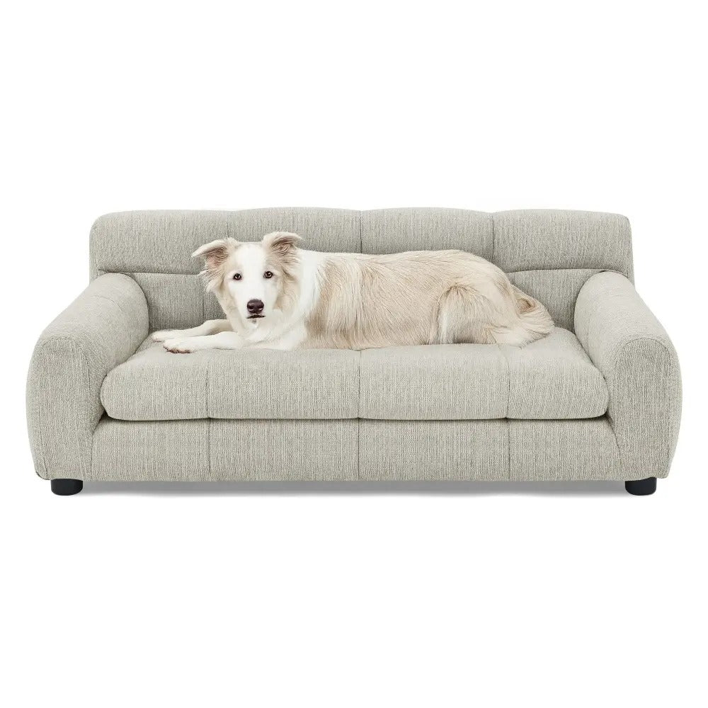 Upholstered Pet Sofa Couch with High Backrest and Armrests, Modern Rectangular Soft  Comfortable Pet Bed for Small and Medium Dogs, Beige