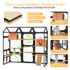Cat 4-Tier Large Outdoor Wooden Catio, Weatherproof Window-Attached Cat Enclosure with  Multiple Platforms and Private Resting Condos for Multi Cats, Brown
